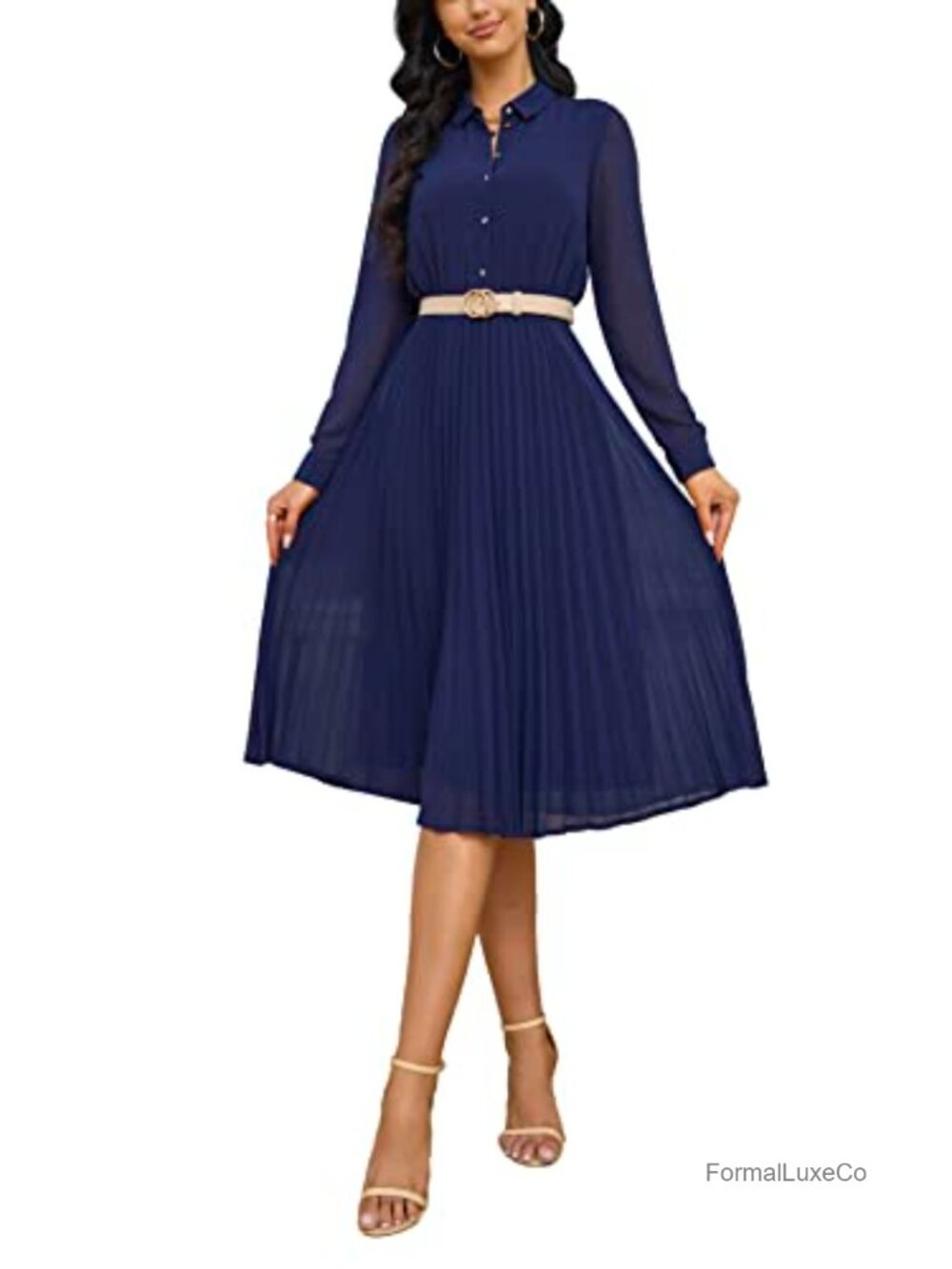 Women's Midi Shirt Dress Long Sleeve Pleated Fit & Flare with Belt